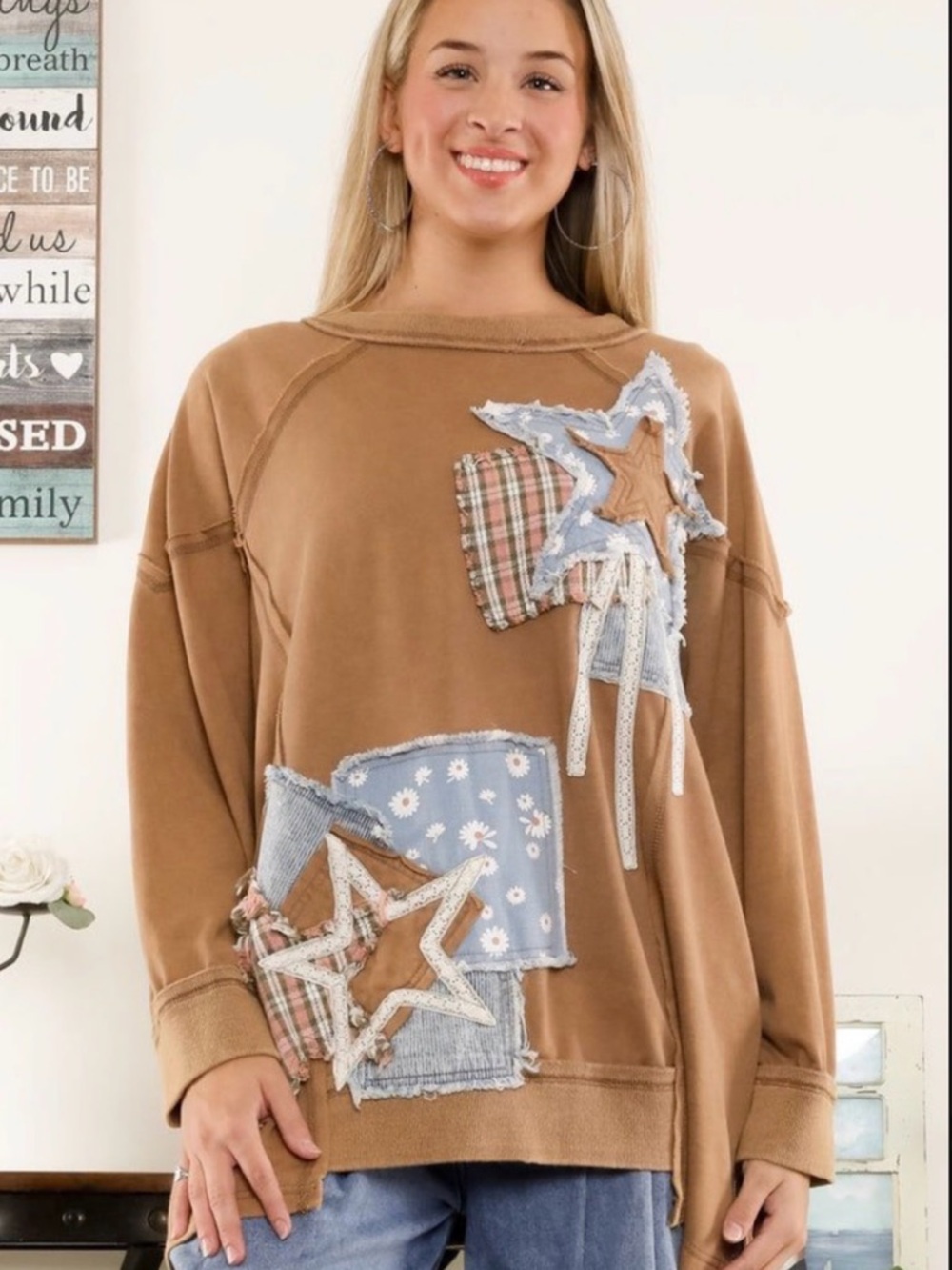 NWT Blue Velvet "Wish Upon a Star" Patchwork Pullover OVERSIZED Boho Top